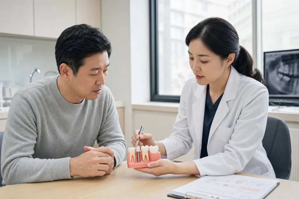 아래 어금니 임플란트 후기 기록과 확인 과정을 보여주는 장면