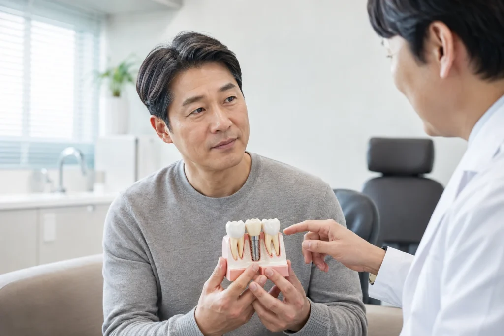어금니 임플란트 통증 후기 상담과 치료 조건을 살펴보는 장면