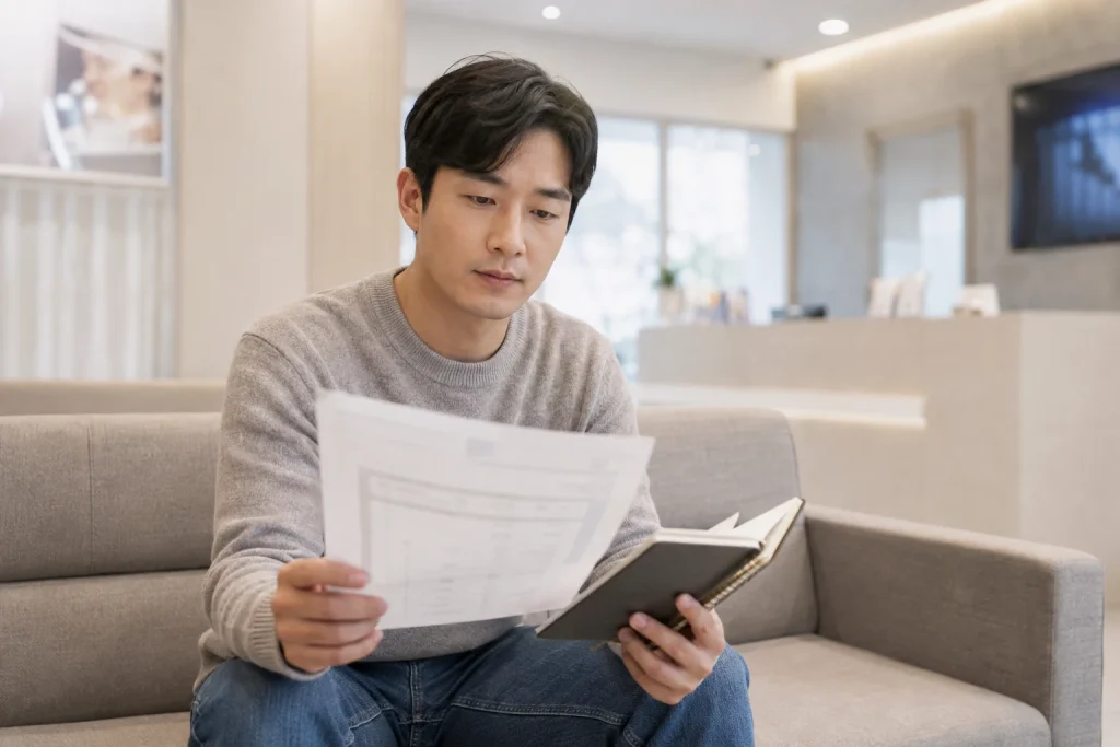 윗 어금니 임플란트 후기 상담과 치료 조건을 살펴보는 장면