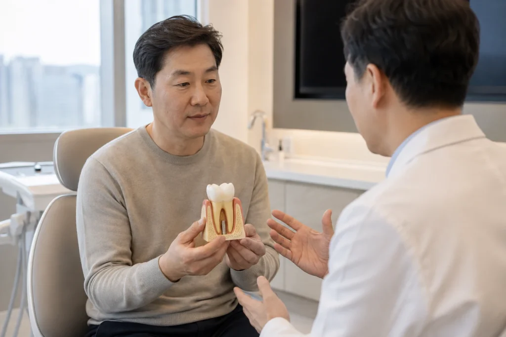 어금니 임플란트 후기 상담과 치료 조건을 살펴보는 장면